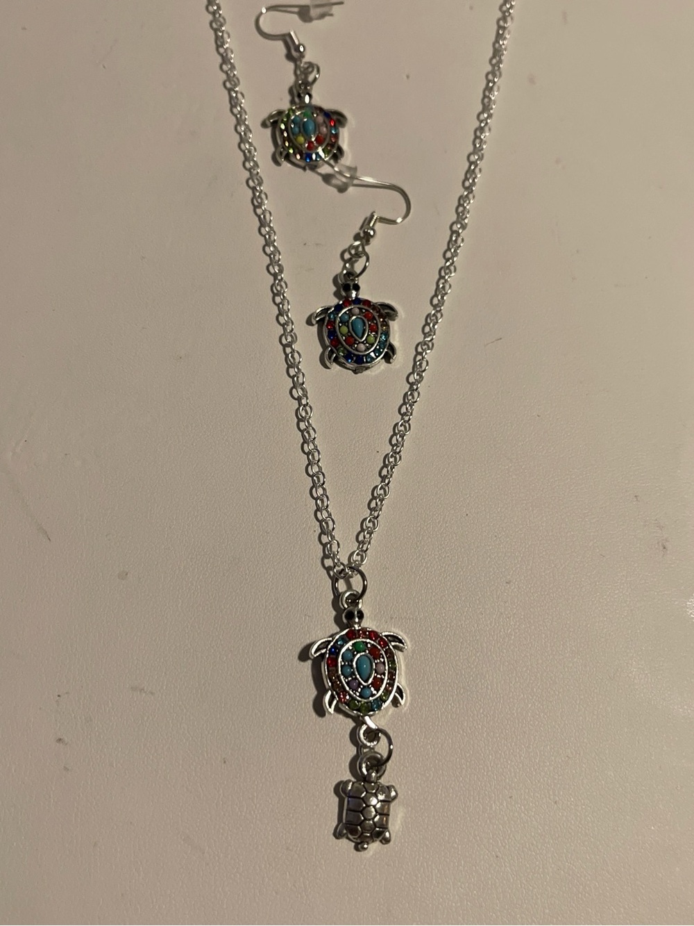 Silver Turtle Pendant Necklace and Earrings Set with Turquoise Accents